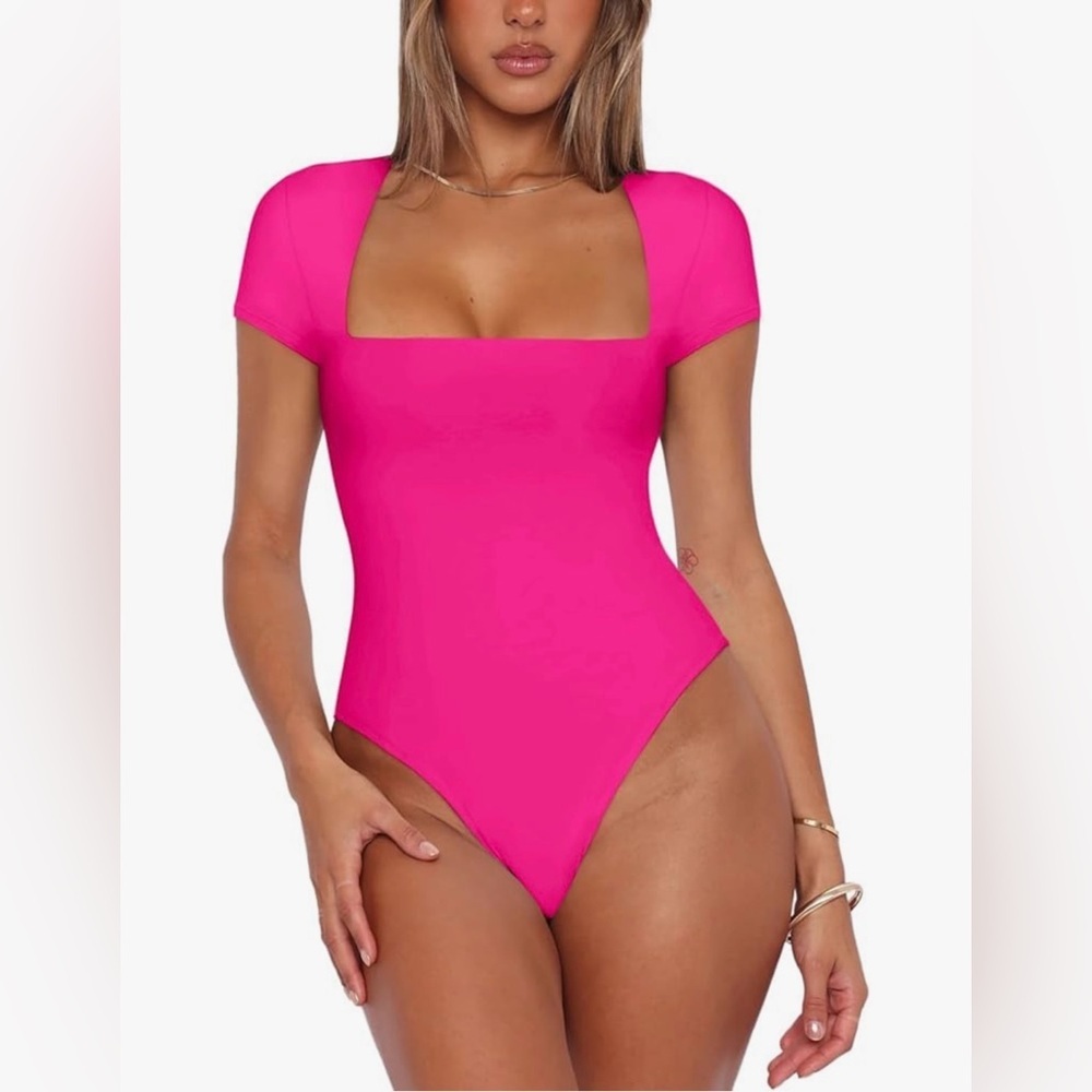 REORIA Sexy Square Neck Double Lined Shirt Stretchy Short Sleeve Thong Bodysuit